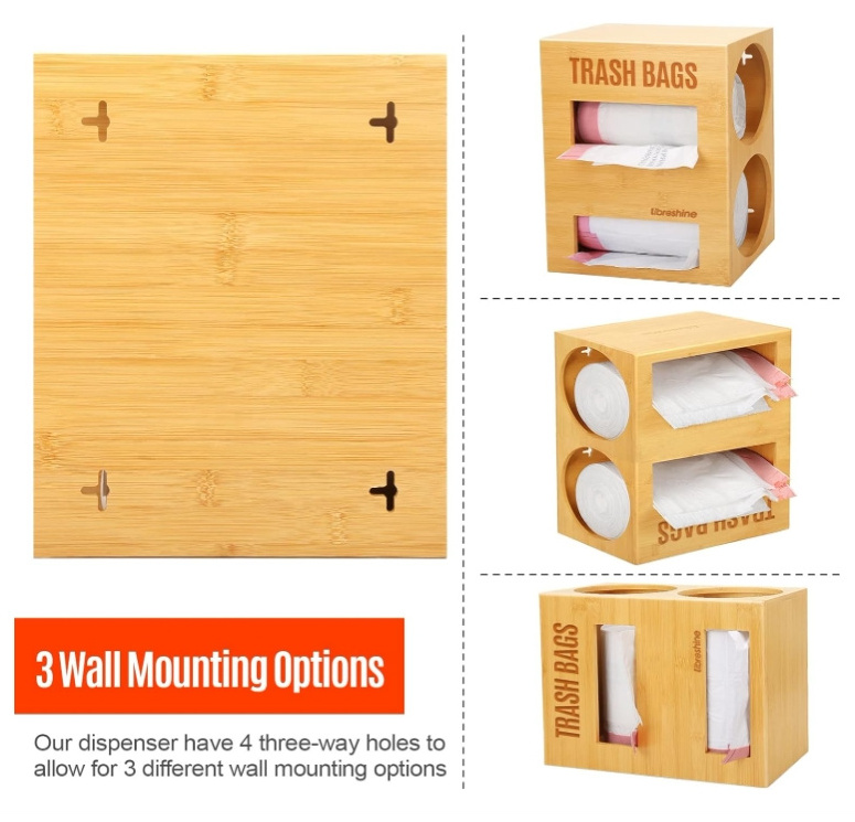 2 in 1 Trash Bag Dispenser Roll Holder Wall Mount Bamboo Garbage Bag Organizer for 2 Rolls of Plastic Bags