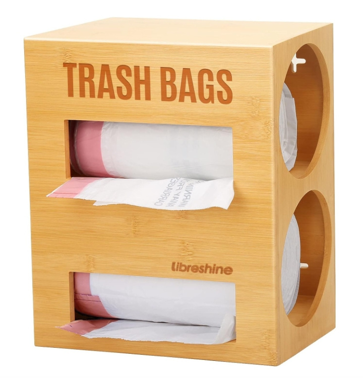 2 in 1 Trash Bag Dispenser Roll Holder Wall Mount Bamboo Garbage Bag Organizer for 2 Rolls of Plastic Bags