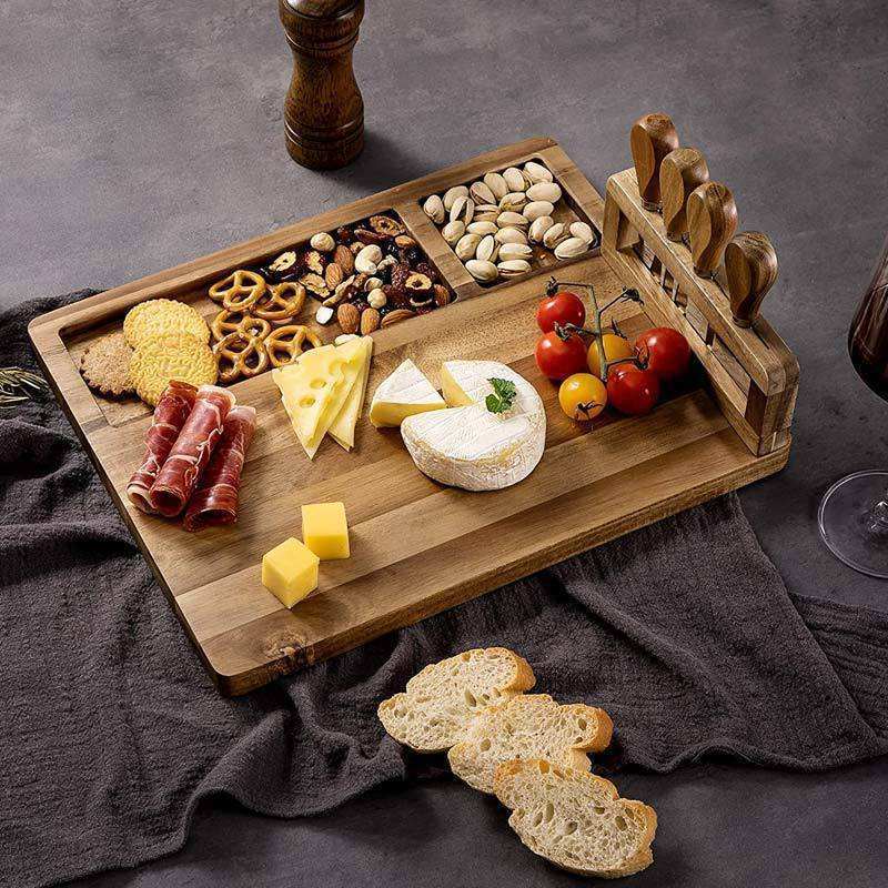 Acacia wood cheese cutting board with magnetic cheese knife holder