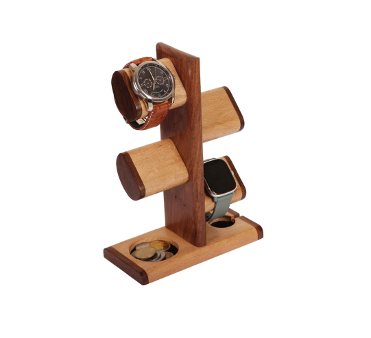 Custom Wooden Watch Stand 5 In One Multiple Watch Display Tower for Rings Coins Gifts for Men Women