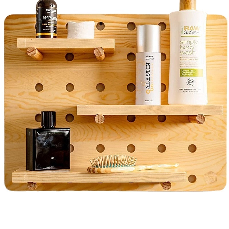 Wooden pegboard wall organizer shelf with hooks customized walls modular grid organizer