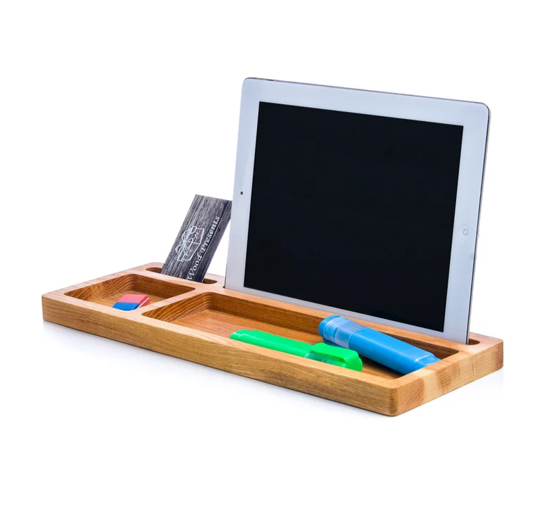 Desk Organizer Catchall Tray Wooden Holder for Ipad and Phone