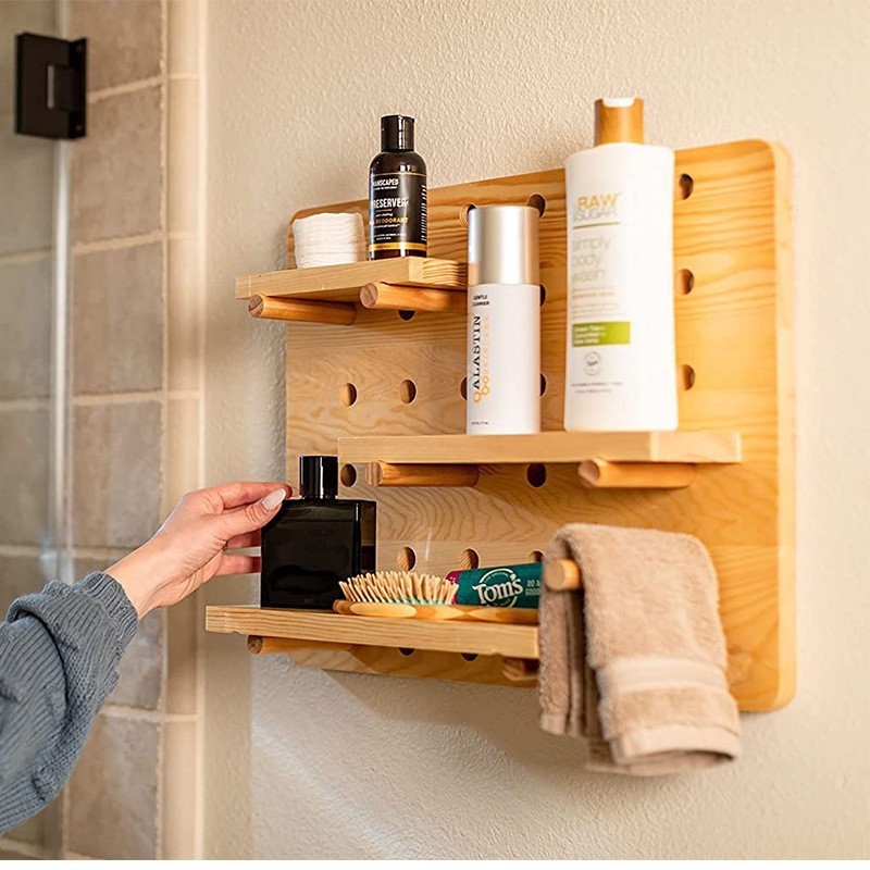 Wooden pegboard wall organizer shelf with hooks customized walls modular grid organizer