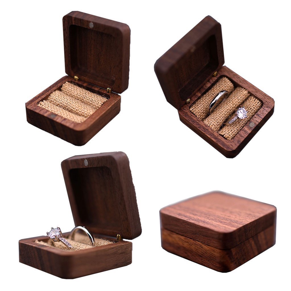 Custom LOGO Rustic Wedding Wooden Jewelry engagement Storage Container Holder Rings Bearer walnut wood Ring Box