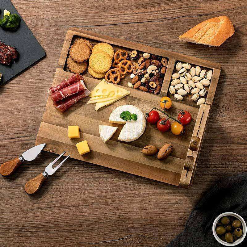 Acacia wood cheese cutting board with magnetic cheese knife holder