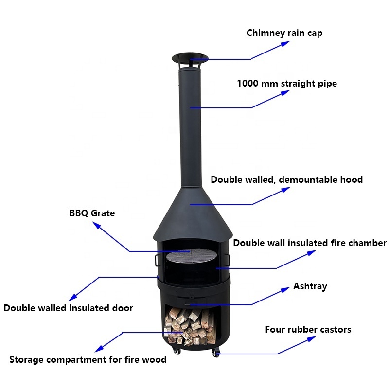 Carbon Steel Outdoor Wood Burning Fireplace with BBQ grill mesh and pizza pan