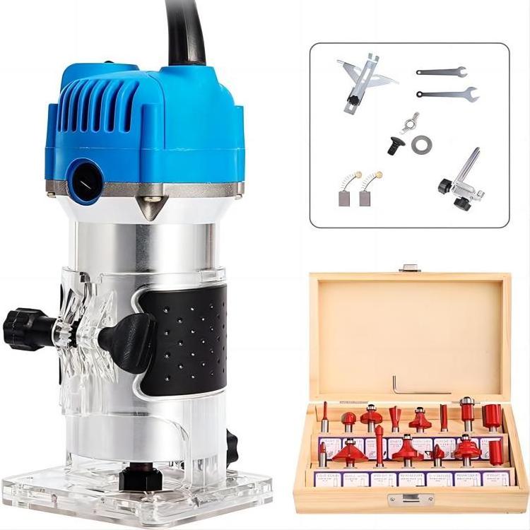 Wood Router Compact Wood Palm Router Wood Trimmer  Laminate Milling Engraving Hand Machine with 15 Pcs 1/4