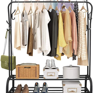 Heavy Duty Double-Rail Garment Rack 2 Tier Shoe Shelves Large Clothes Hanging Rack Clothing Organizer Indoor Bedroom Store