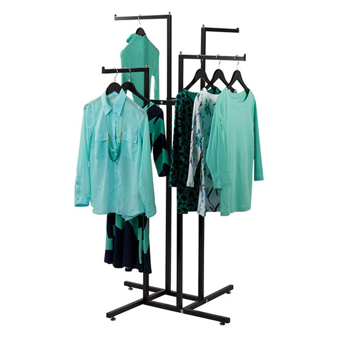 4 Way Clothing Display Rack For Garment Shop with Straight Arms (Black)