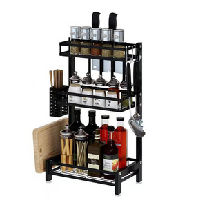 Three layer vertical multifunctional kitchen storage rack seasoning rack with hook and chopping board rack