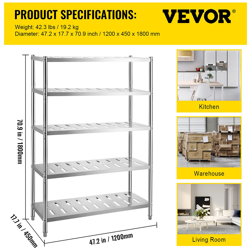 5-Tier Storage Shelving Unit, Stainless Steel Garage Shelf, Heavy Duty Storage Shelving with Adjustable Height