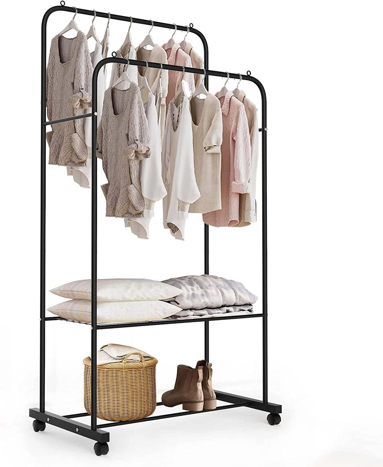 Mobile  Rod Garment Hanging Rack ,Simple Trending Standard Clothes Garment Shelf ,Clothes Store Display Stand with 4 wheels