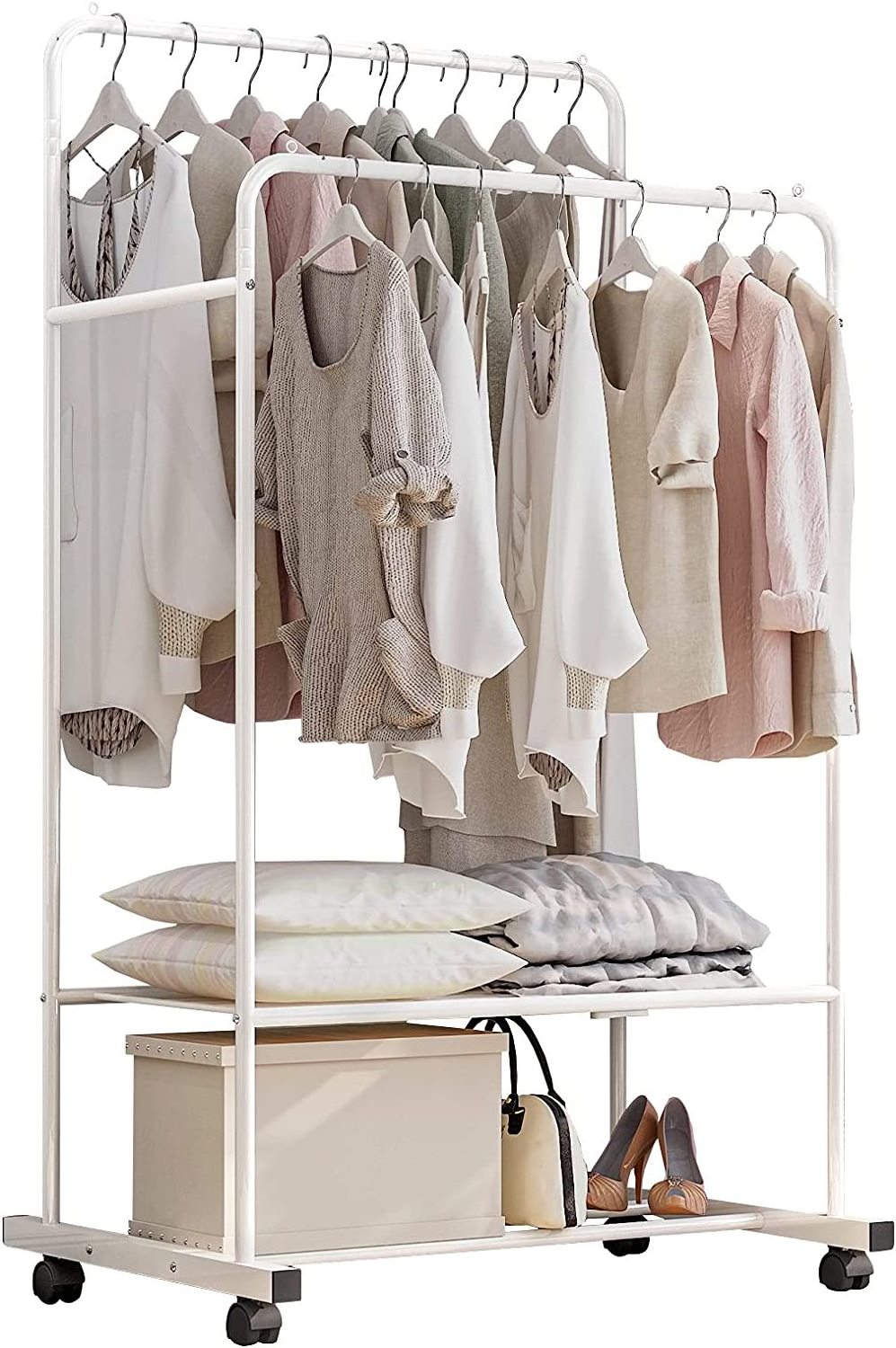 Mobile  Rod Garment Hanging Rack ,Simple Trending Standard Clothes Garment Shelf ,Clothes Store Display Stand with 4 wheels