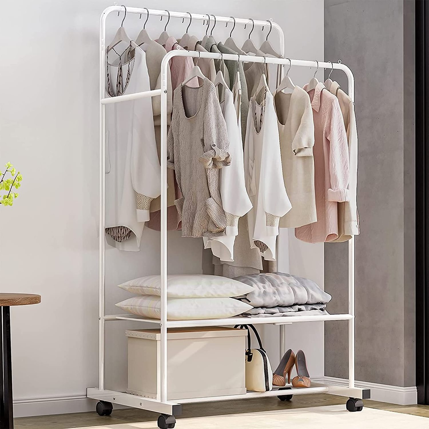 Mobile  Rod Garment Hanging Rack ,Simple Trending Standard Clothes Garment Shelf ,Clothes Store Display Stand with 4 wheels