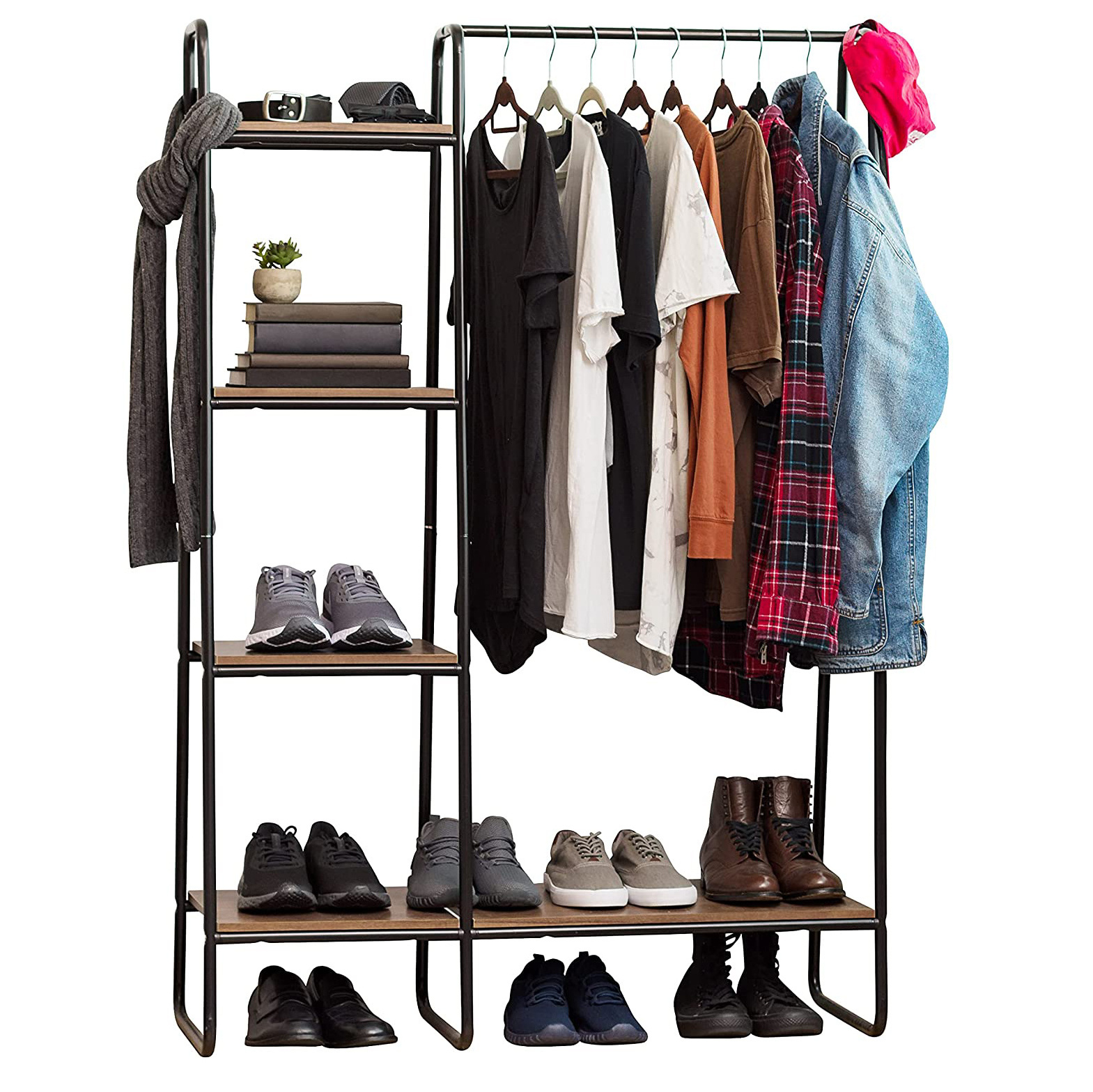 Indoor Black Freestanding Metal Clothes Display Racks with 3 Wood Shelves, Easy to Assemble Clothing Garment Rack for Coat etc.