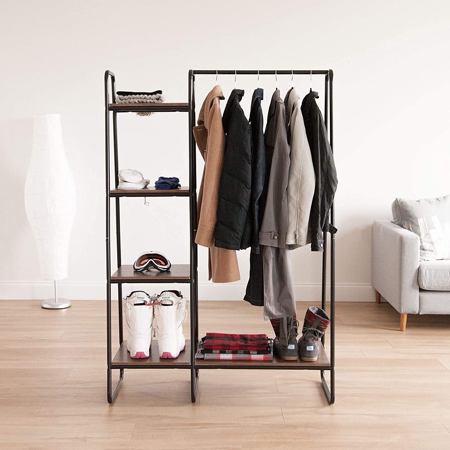 Indoor Black Freestanding Metal Clothes Display Racks with 3 Wood Shelves, Easy to Assemble Clothing Garment Rack for Coat etc.