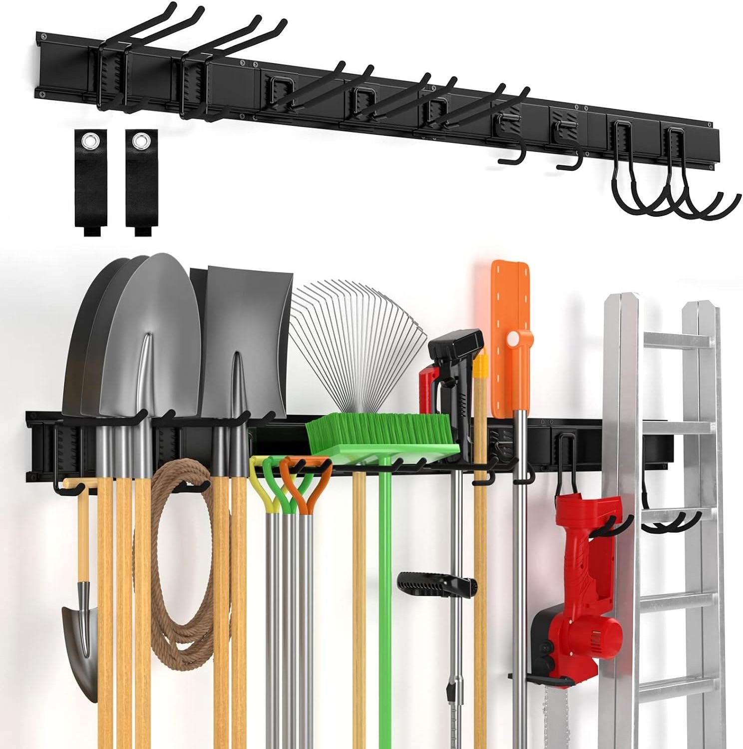 Wall-mounted garden tool organizer A variety of hook garage storage racks