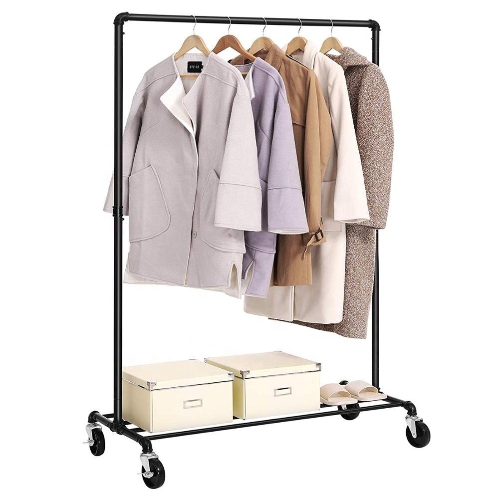 Single Rail Metal Garment Rack Industrial Pipe Clothing Rack on Wheels with Shelves