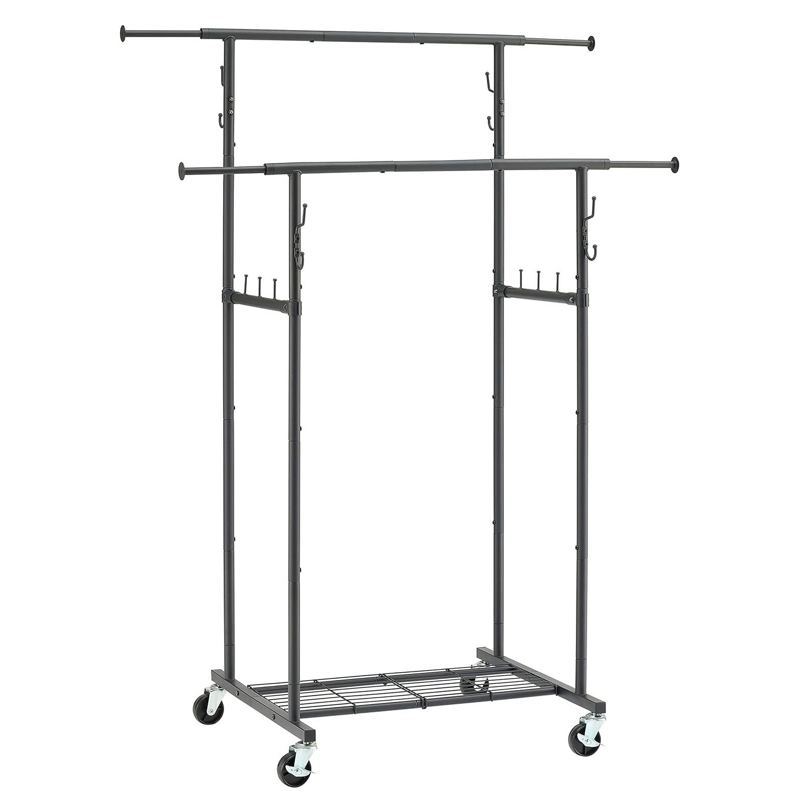 Double pole clothing hanger storage rack Clothes storage rack with hooks and wheels