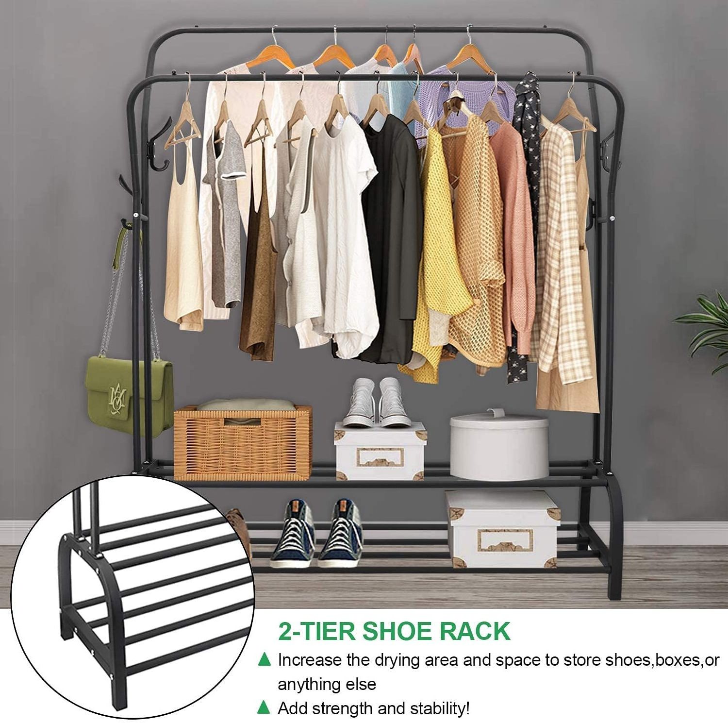 Heavy Duty Double-Rail Garment Rack 2 Tier Shoe Shelves Large Clothes Hanging Rack Clothing Organizer Indoor Bedroom Store