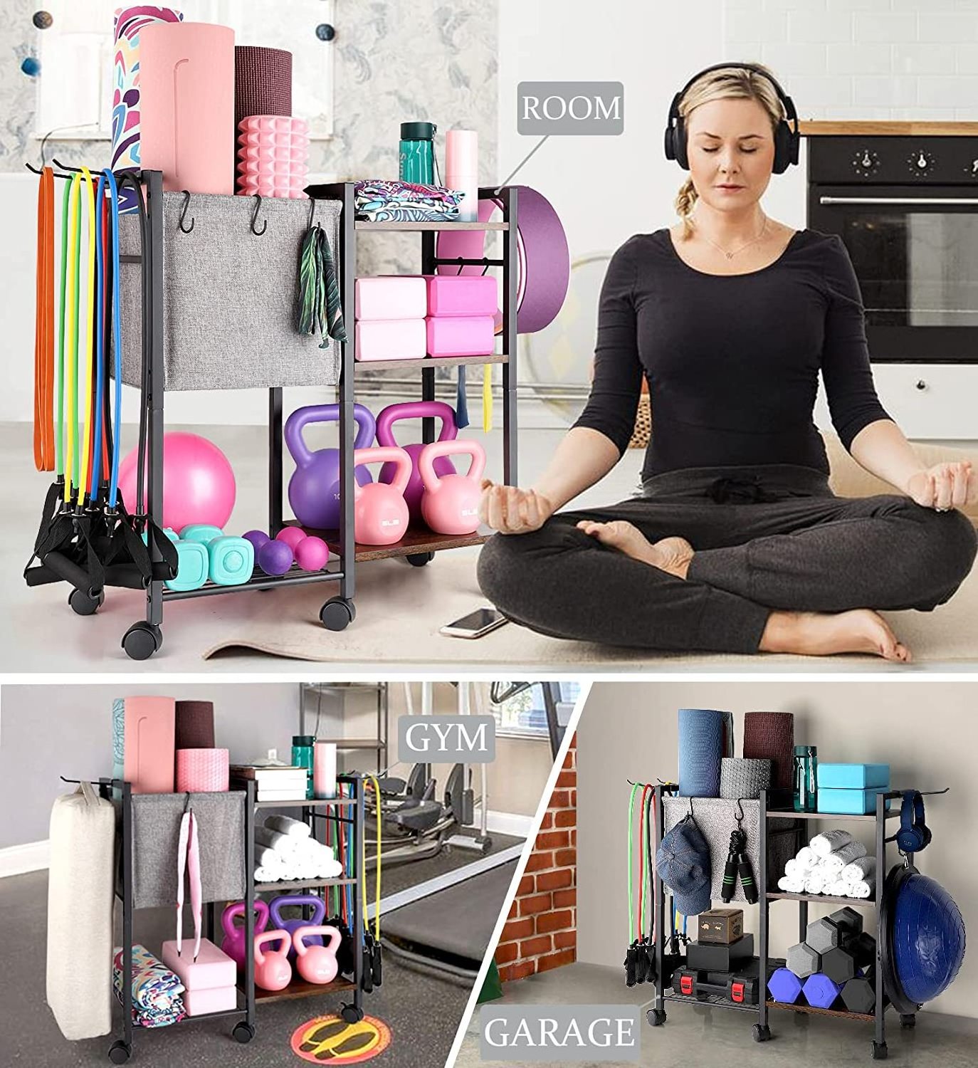 Metal Yoga Mat Storage Rack Home Gym Equipment Storage Organizer for Yoga Mat Foam Roller Dumbbell Resistance Band