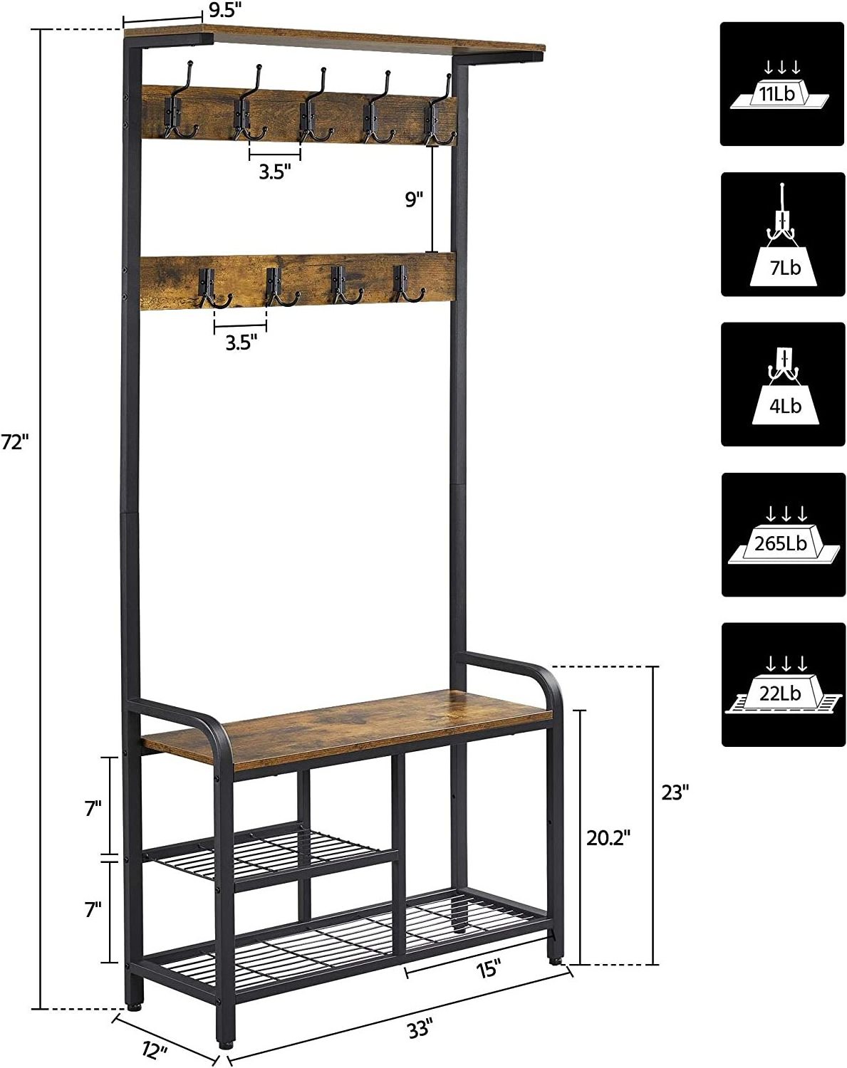 3-in-1 Entryway Hall Coat Rack Shoe Bench with 23 Hooks Clothing Display Stand