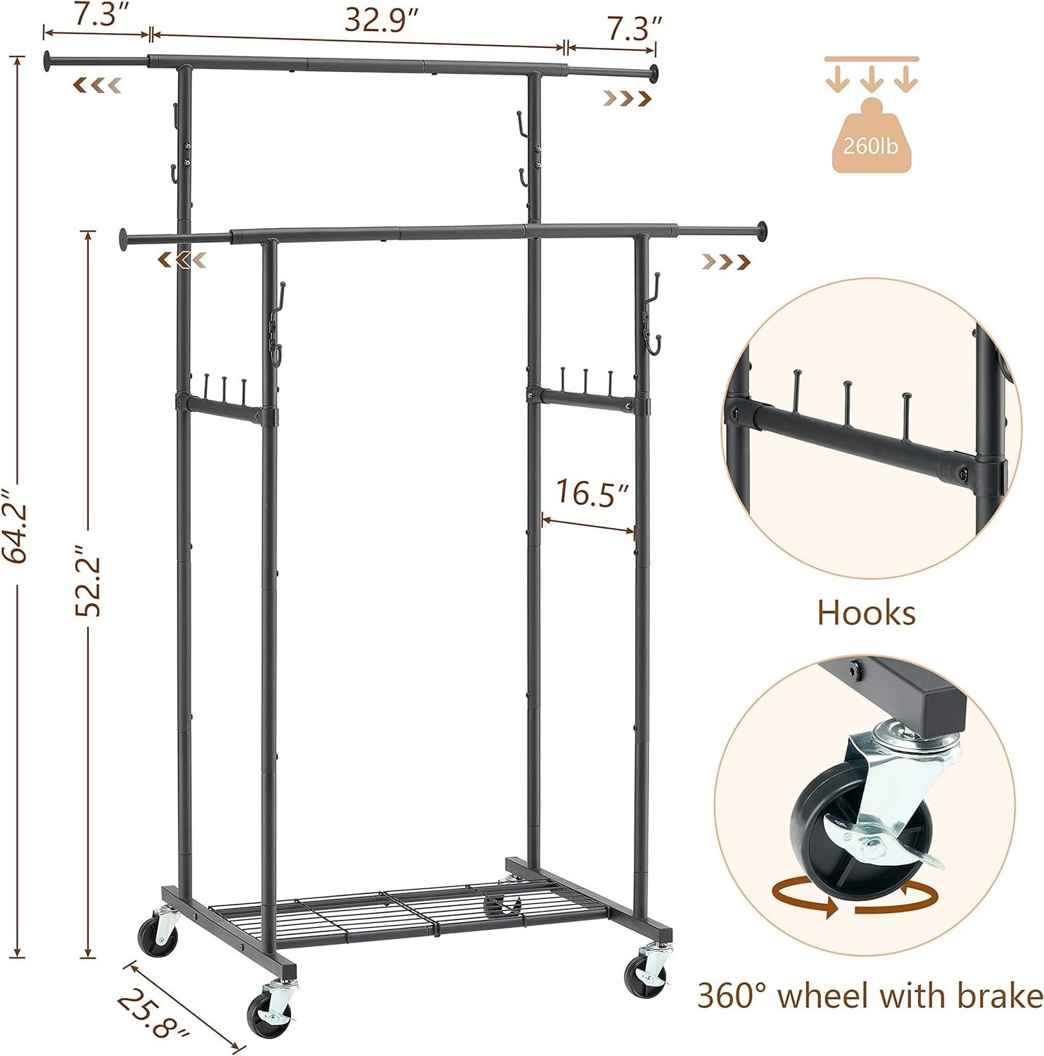 Double pole clothing hanger storage rack Clothes storage rack with hooks and wheels