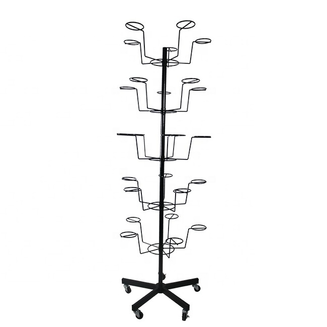 Supermarket Retail Shop Household Metal Wire Wheeled Multi Tiers Ring Shape Hook Hanging Helmet/Baseball Cap/Hat Display Rack