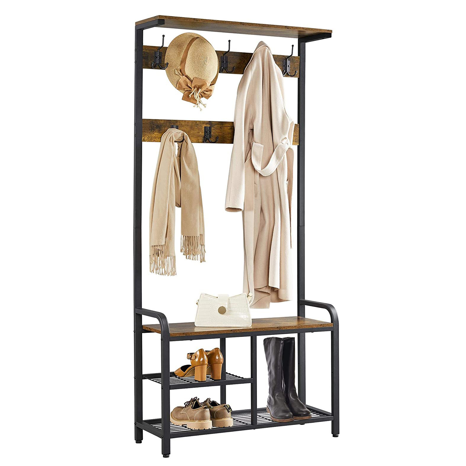 3-in-1 Entryway Hall Coat Rack Shoe Bench with 23 Hooks Clothing Display Stand