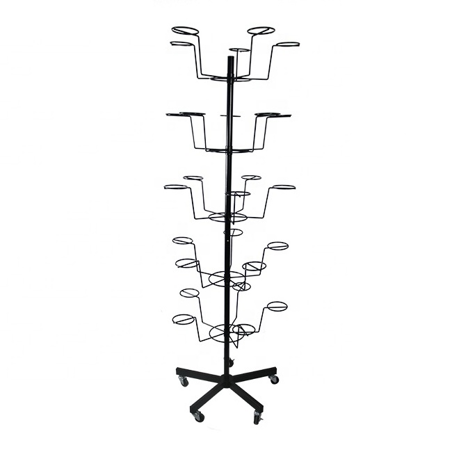 Supermarket Retail Shop Household Metal Wire Wheeled Multi Tiers Ring Shape Hook Hanging Helmet/Baseball Cap/Hat Display Rack