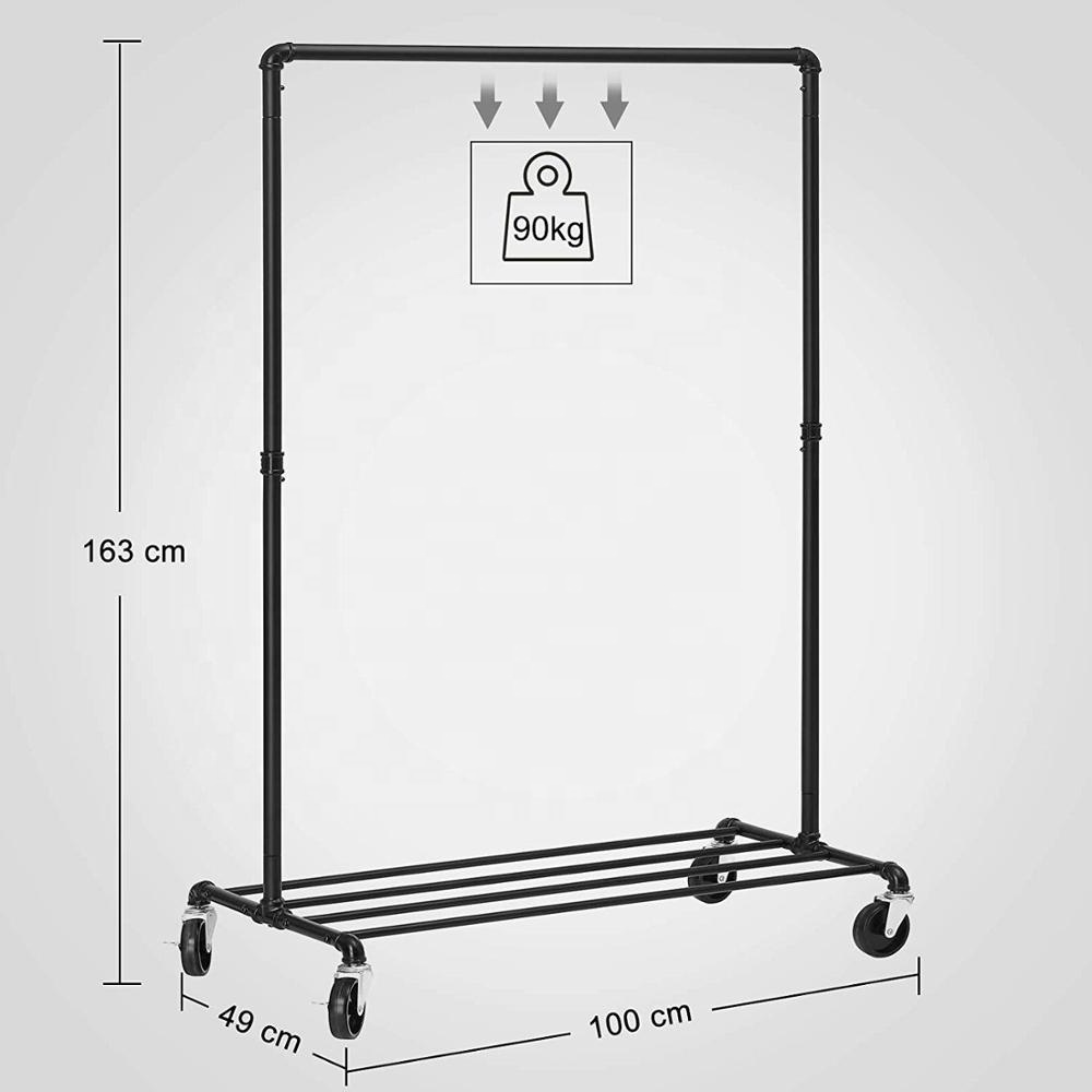 Single Rail Metal Garment Rack Industrial Pipe Clothing Rack on Wheels with Shelves