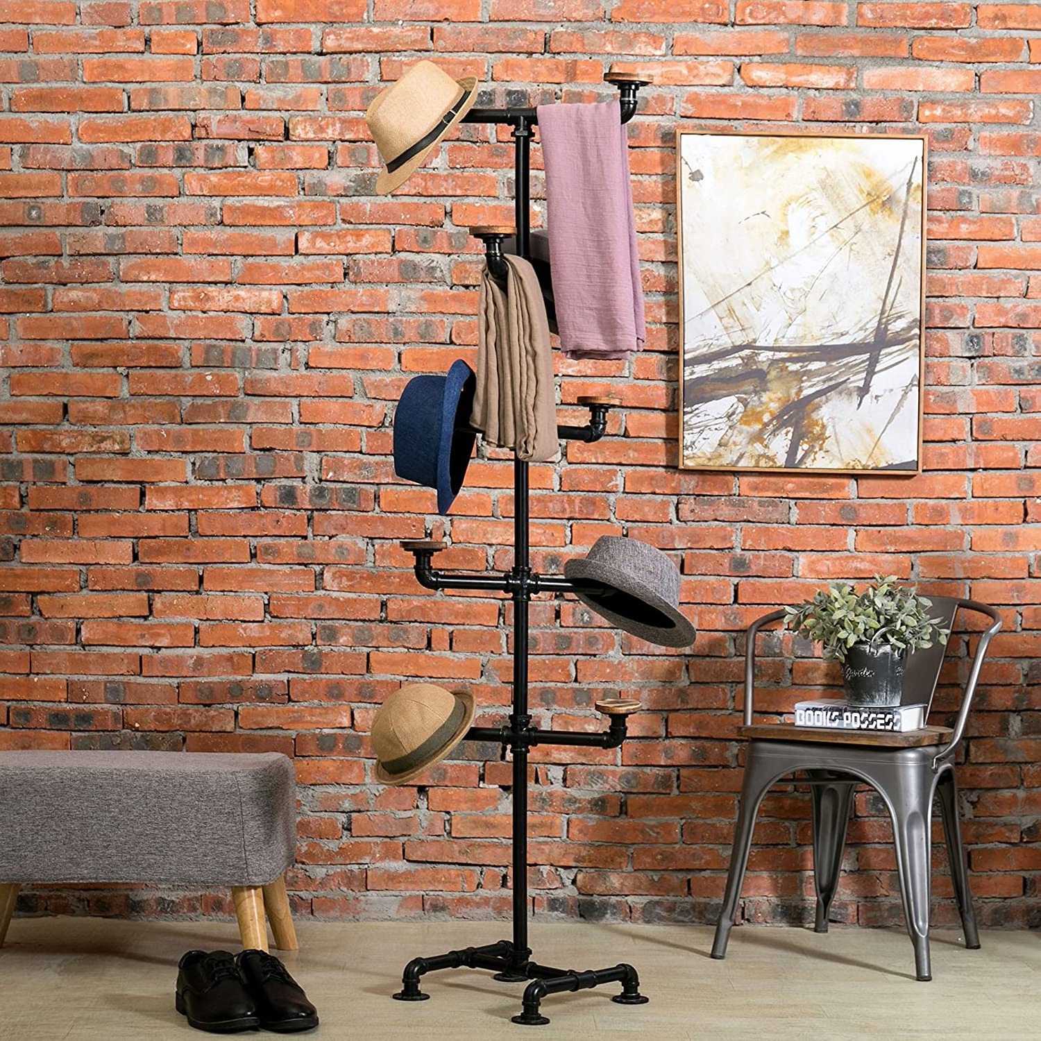 RuiMei Hat Stand Wig Holder Display Tree Hat Rack with 10 Round Rustic Wood Hanging Hooks