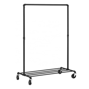 Single Rail Metal Garment Rack Industrial Pipe Clothing Rack on Wheels with Shelves