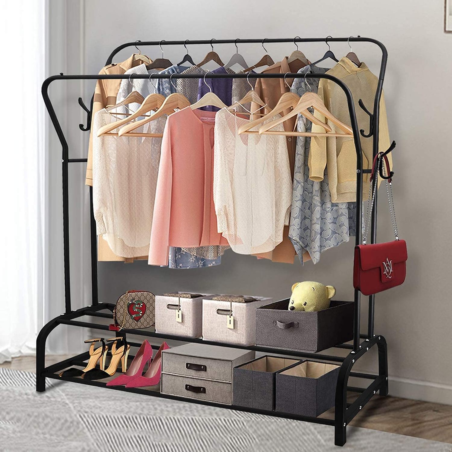 Heavy Duty Double-Rail Garment Rack 2 Tier Shoe Shelves Large Clothes Hanging Rack Clothing Organizer Indoor Bedroom Store