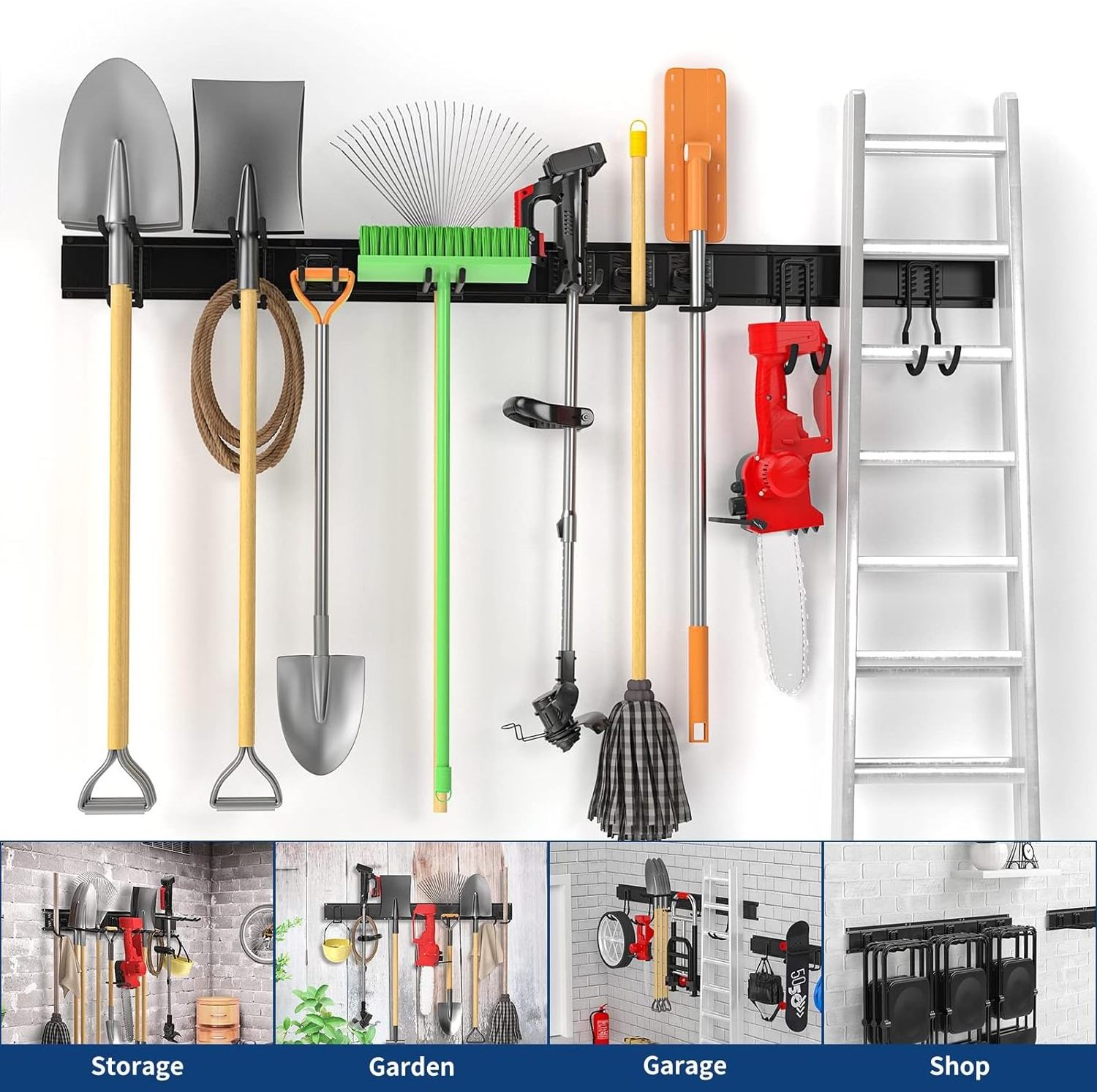 Wall-mounted garden tool organizer A variety of hook garage storage racks