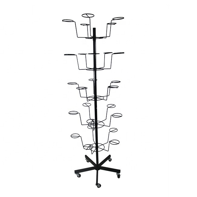 Supermarket Retail Shop Household Metal Wire Wheeled Multi Tiers Ring Shape Hook Hanging Helmet/Baseball Cap/Hat Display Rack