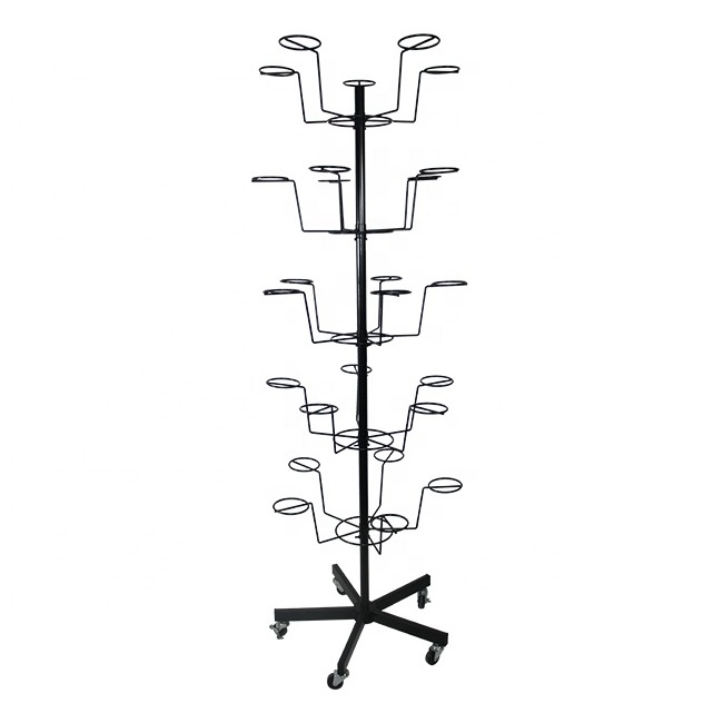 Supermarket Retail Shop Household Metal Wire Wheeled Multi Tiers Ring Shape Hook Hanging Helmet/Baseball Cap/Hat Display Rack