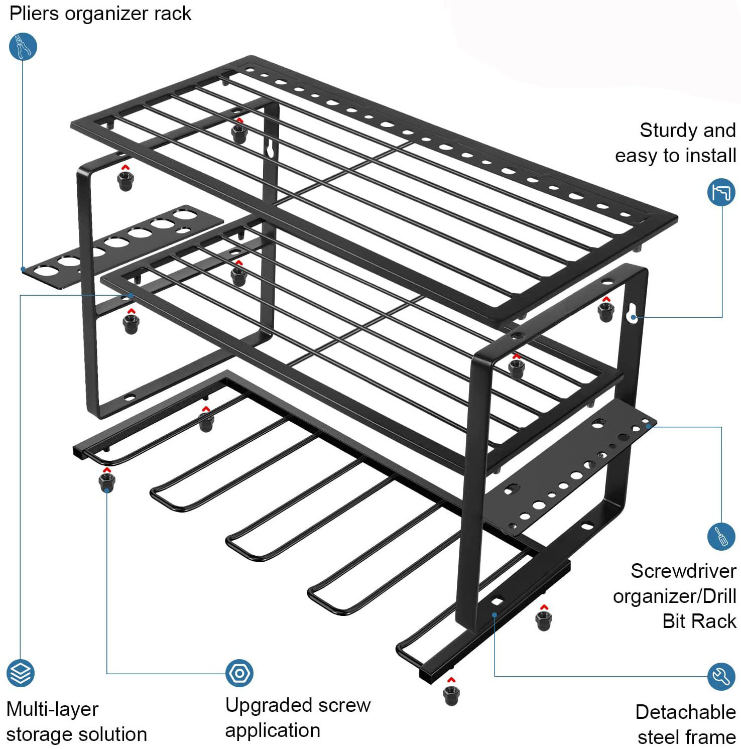 Power Tool Organizer 3 tiers Metal Tool Shelf, Drill Holder Wall Mount for Cordless Drill Charging Station Screwdriver