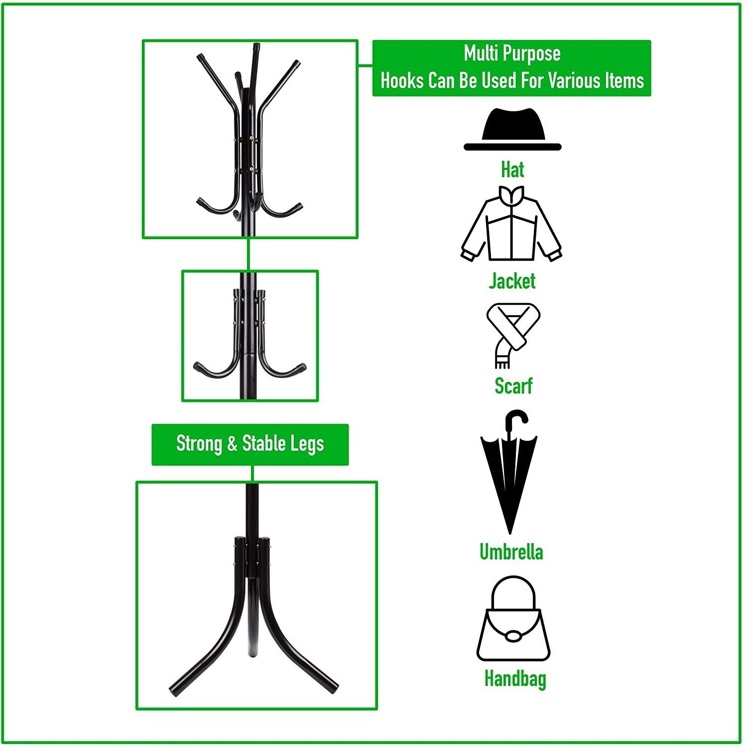 RUIMEI Free Standing Metal Clothes Rack Coat Rack Hat Hanger 11 Hook for Jacket, Purse, Scarf Rack, Umbrella Tree Stand