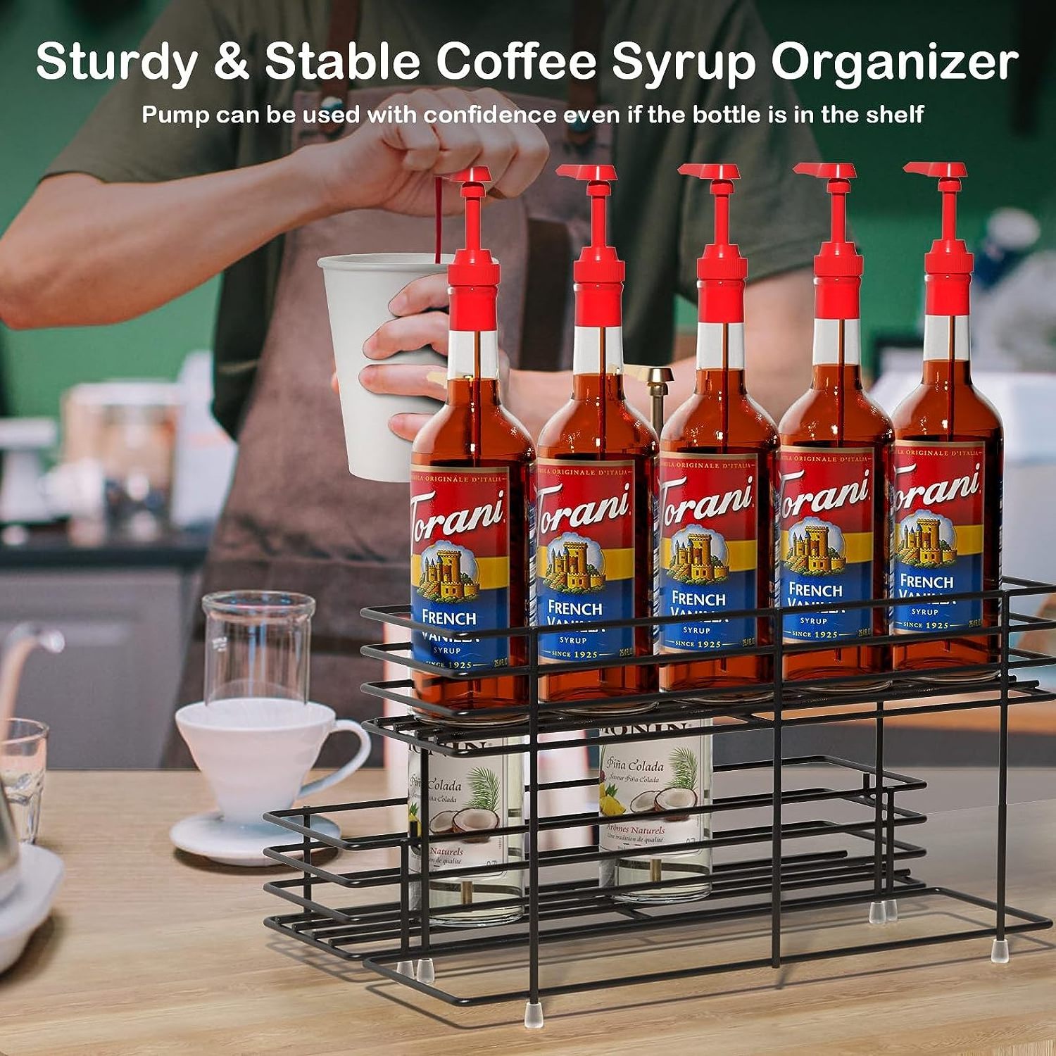 RUIMEI Coffee Syrup Rack Metal 2 Tier Coffee Syrup Organizer Rack Bottle Display Rack For Kitchen Cabinet