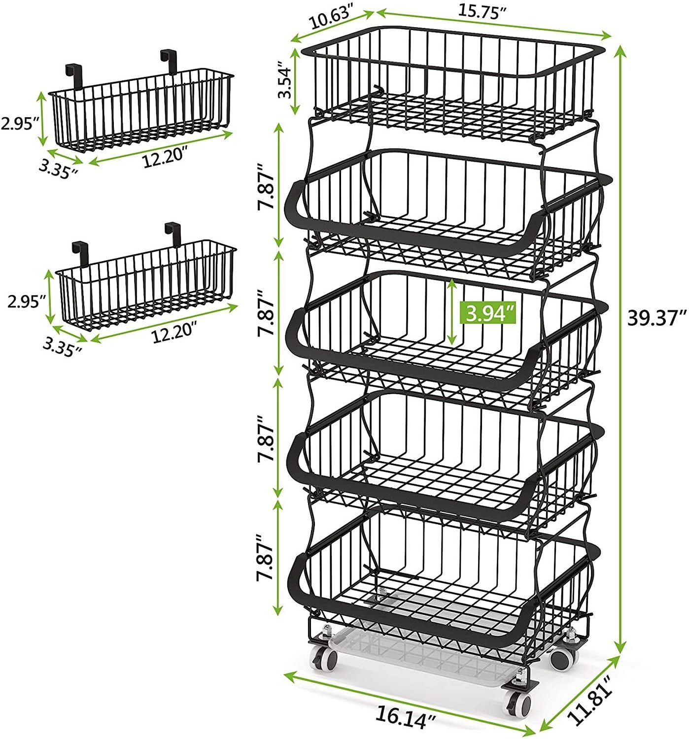 5 Tier Metal Wire Basket Cart with Rolling Wheels Rack Stand