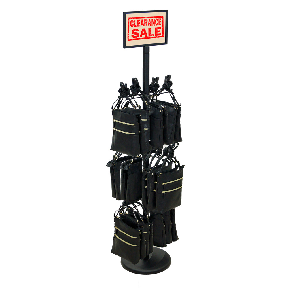 Free-standing Metal Black 3 Tiers Tote Bag Holder with Billboard, Handbag Display Stand