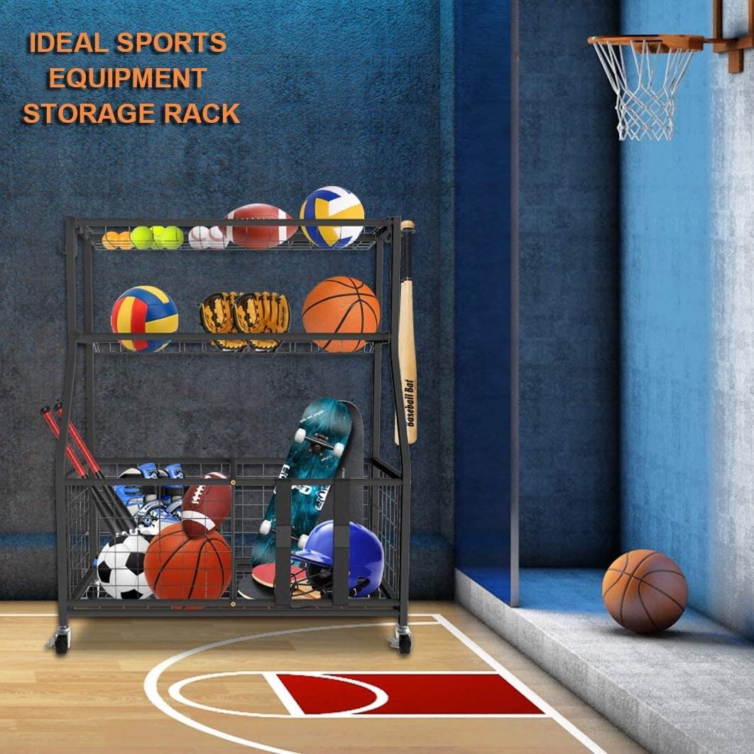 RUIMEI  Sports Equipment Storage Rack WIth 2 Elastic Straps Garage Basketball Organizer for Ball Outdoor Cart