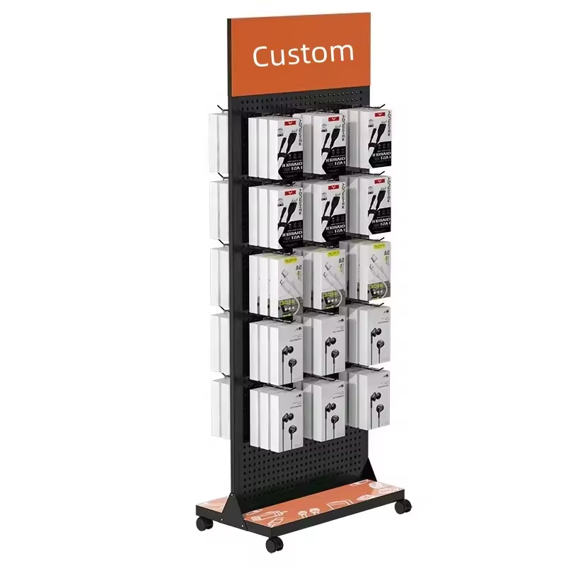 Cell Phone Accessories Display Rack For Shops,Metal Pegboard Rack With Hooks For Retail Store, Rolling Racks with Billboard