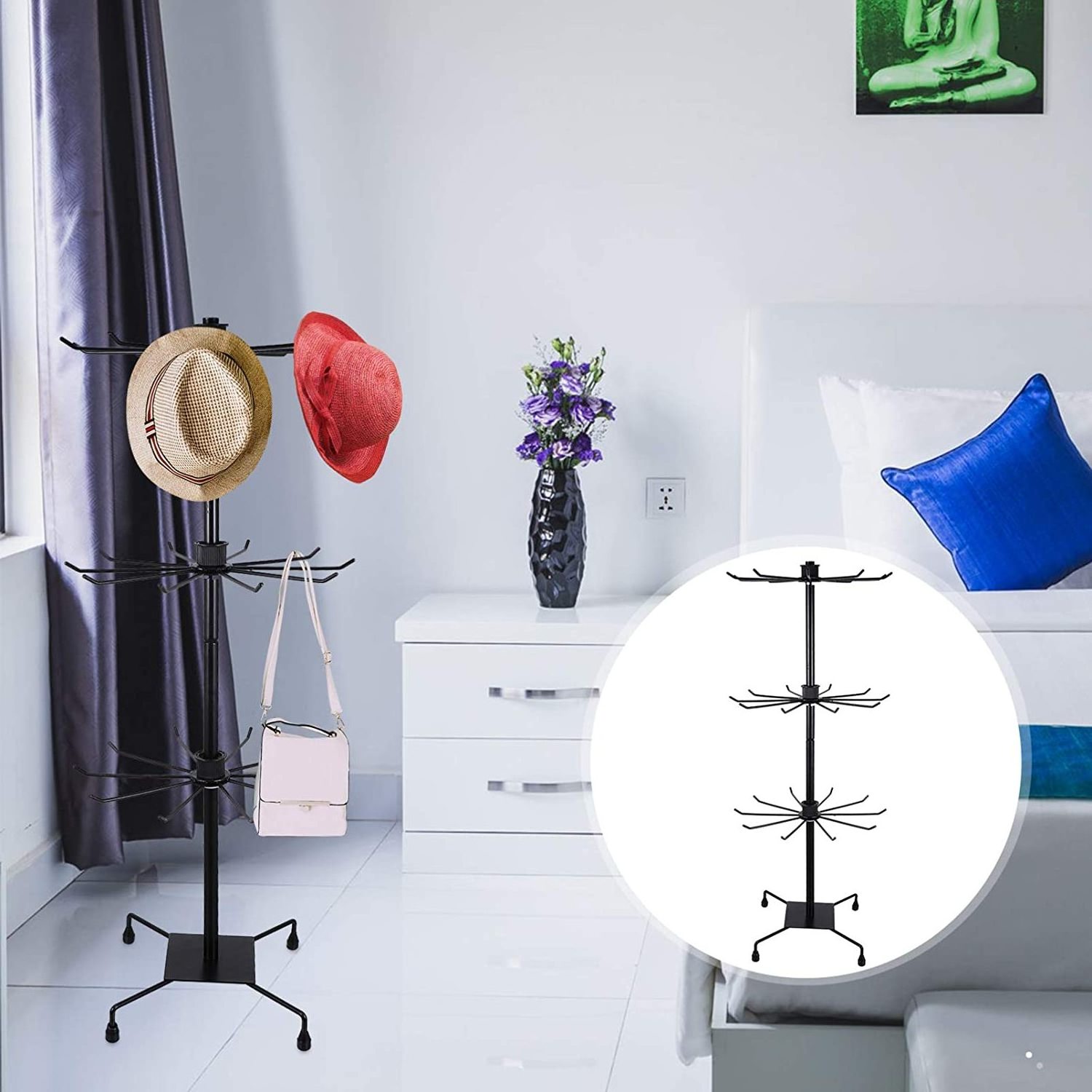 Floor Standing Coat and Hat Hanger Organizer Rack Rotating Clothes Handbag Stand