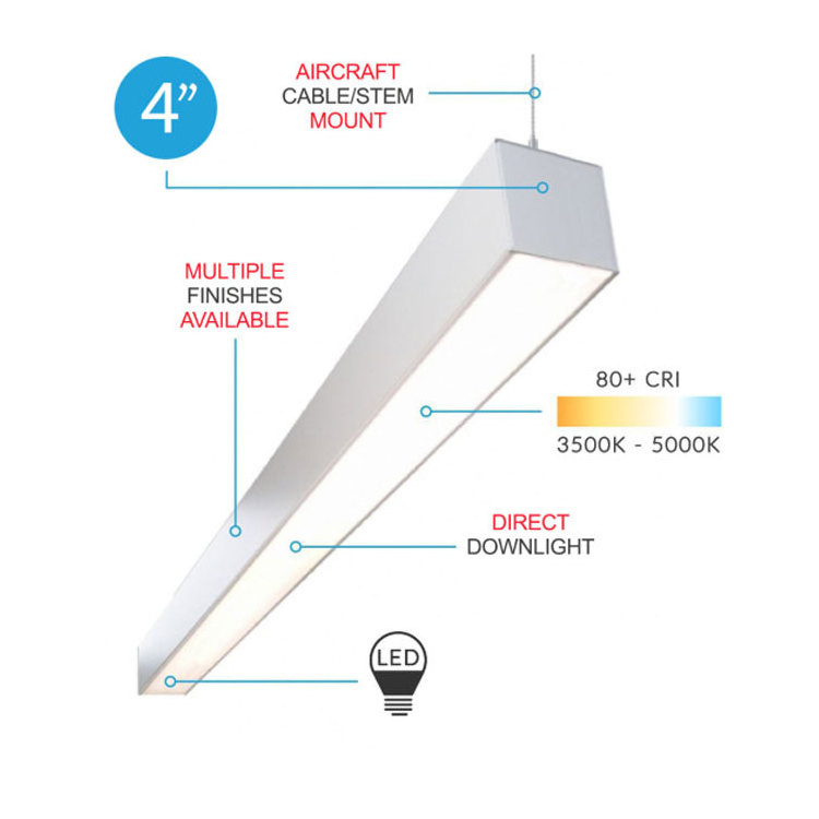 Linkable LED Linear Light 4FT 30W 3000K/4000K/5000K CCT Selectable LED Suspended Lighting Fixture for Commercial Places Office