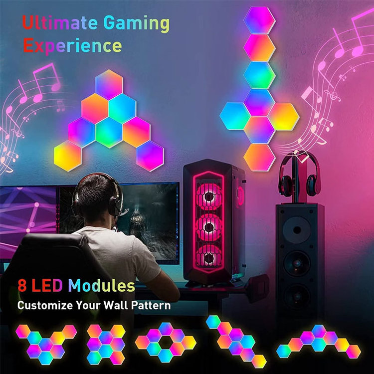 RGB Hexagon light panel Gaming Atmosphere Lights Intelligent Quantum Voice  Induction APP Remote Control hexagonal wall lamp