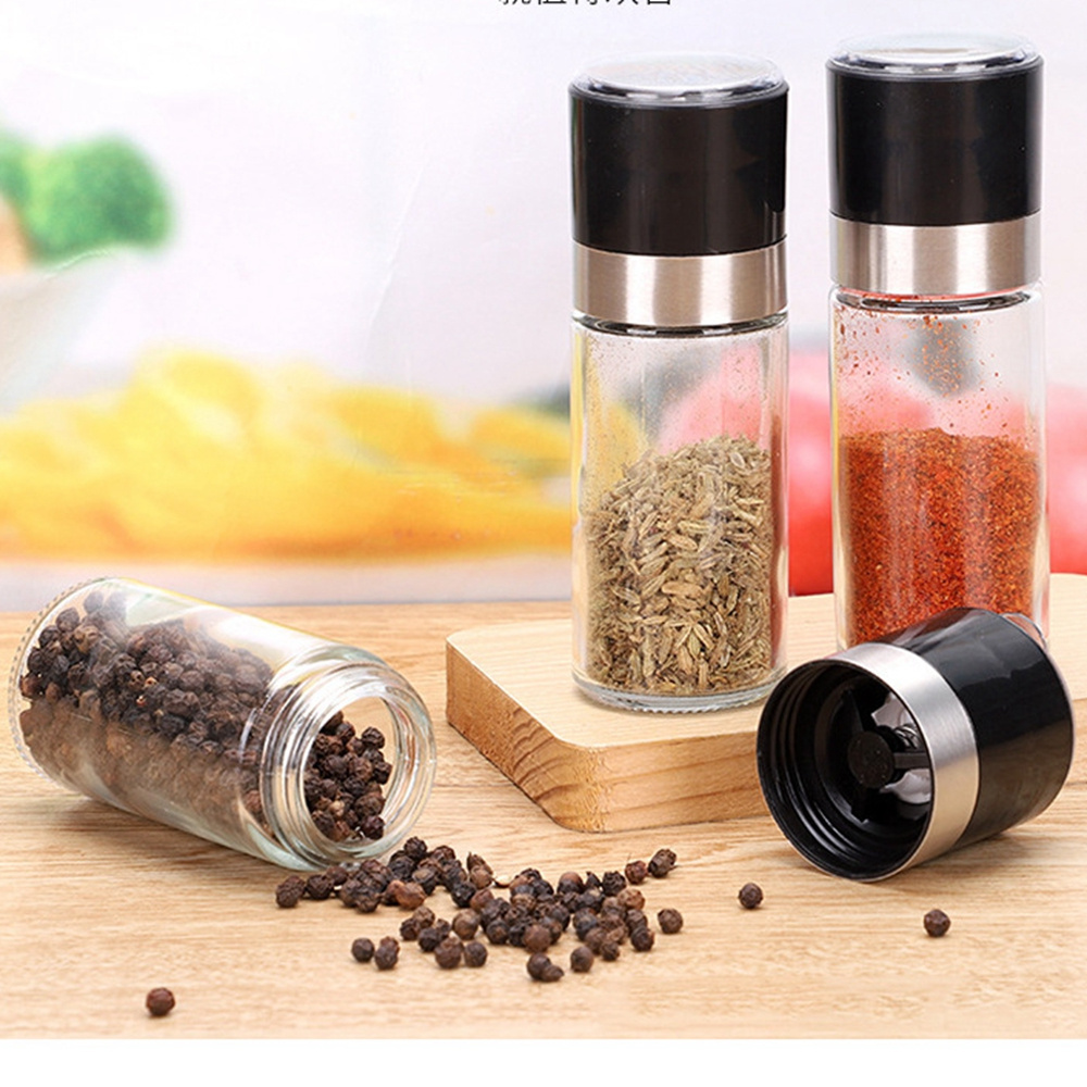 Straight Side Cylindrical Black 80ml 90ml Manual Glass Pepper Grinder Mill For Kitchen And Home