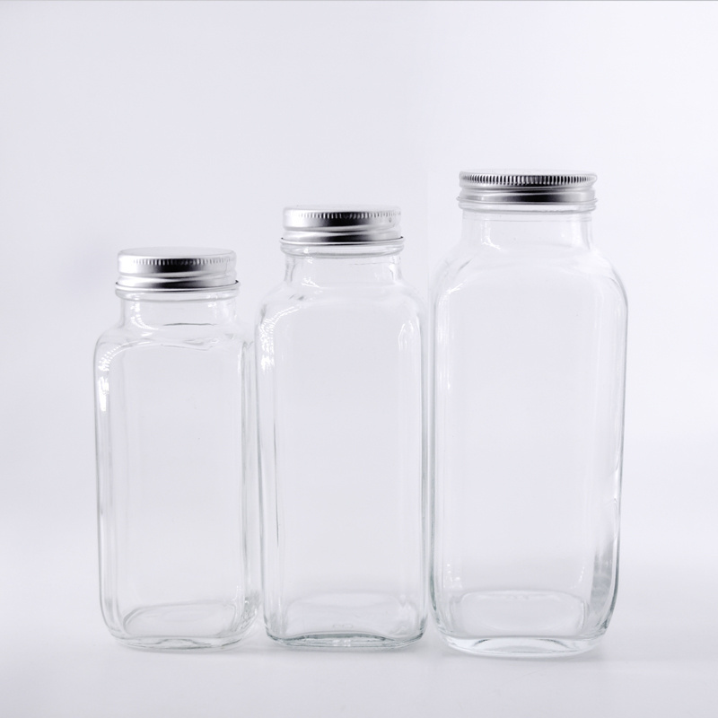 8 Oz 12 Oz 16 Oz 250ml 350ml 500ml Clear French Square Beverage Glass Bottle Cold Pressed Juice Bottles With Airtight Screw Cap