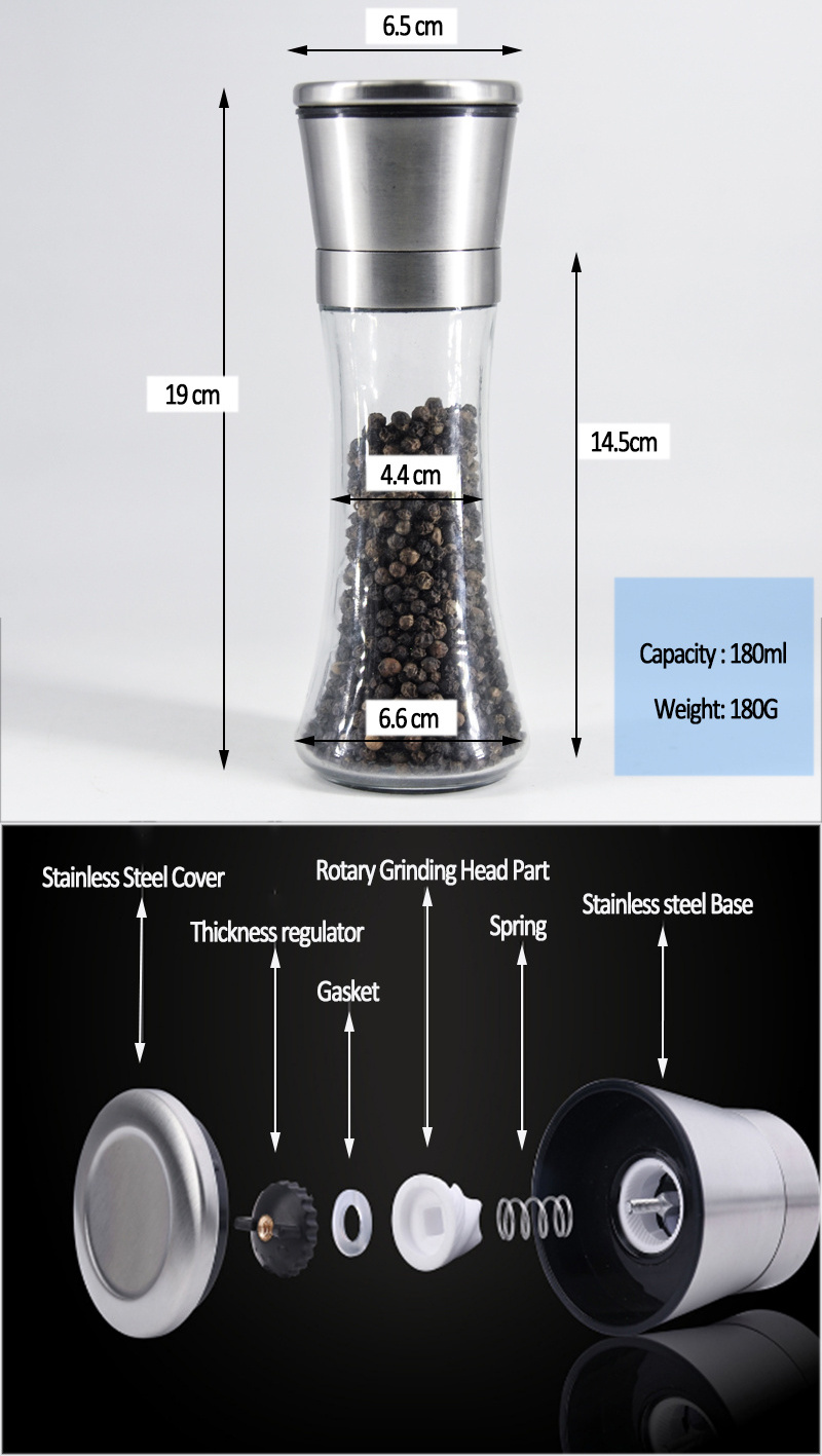 Premium Pepper Mill Grinders Stainless Steel Glass Round Body Salt And Pepper Grinder Set Wood